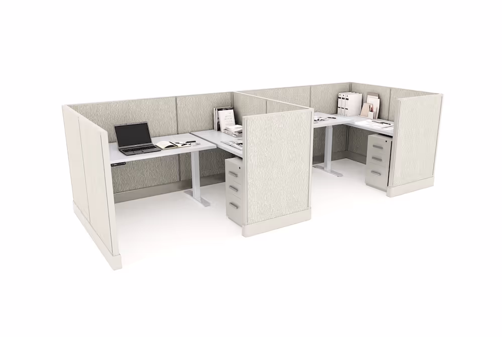 Side view rendering of a dual station cubicle with white walls displayed on a white background