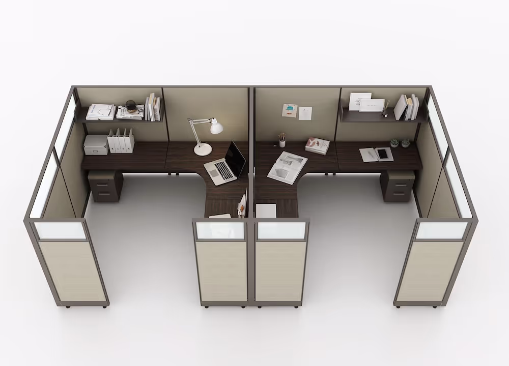 Overhead view rendering of a dual station cubicle displayed on a white background