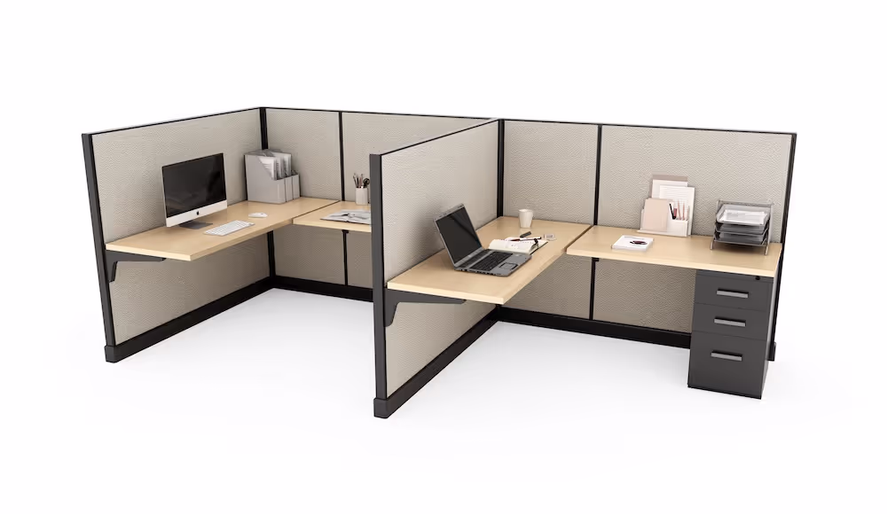 Side view rendering of a dual station cubicle displayed on a white background