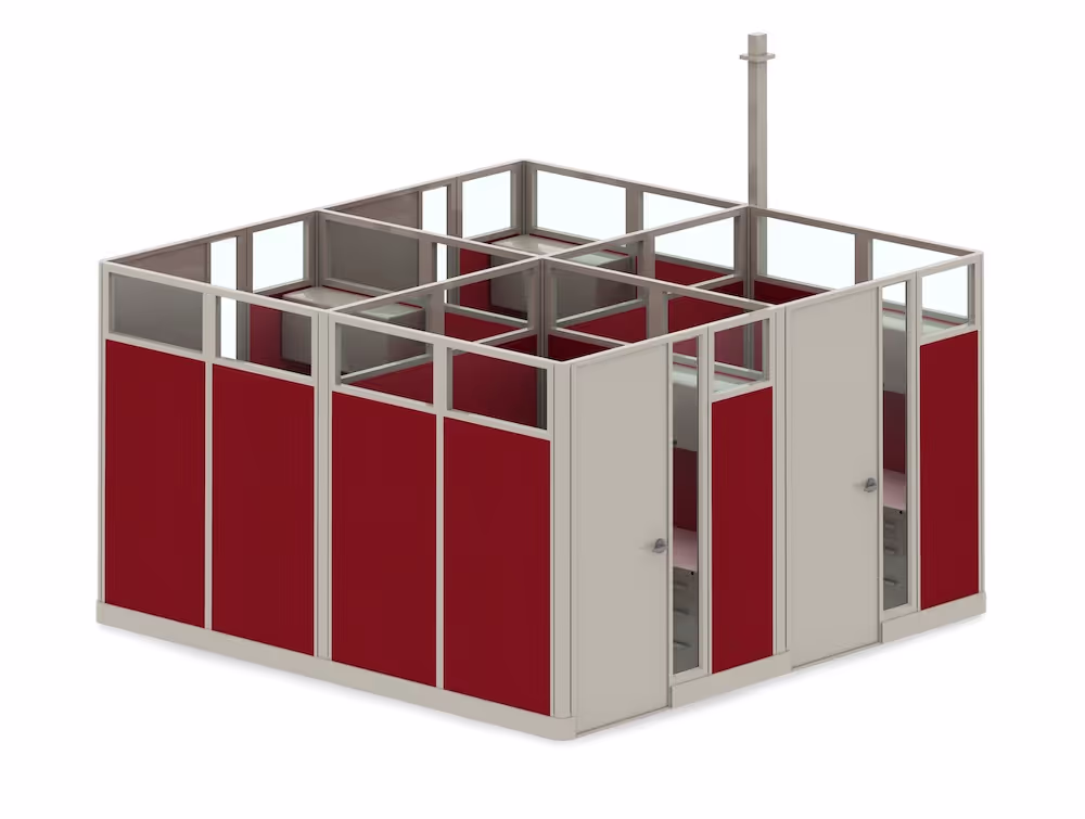 Quad office exterior view with red and beige walls
