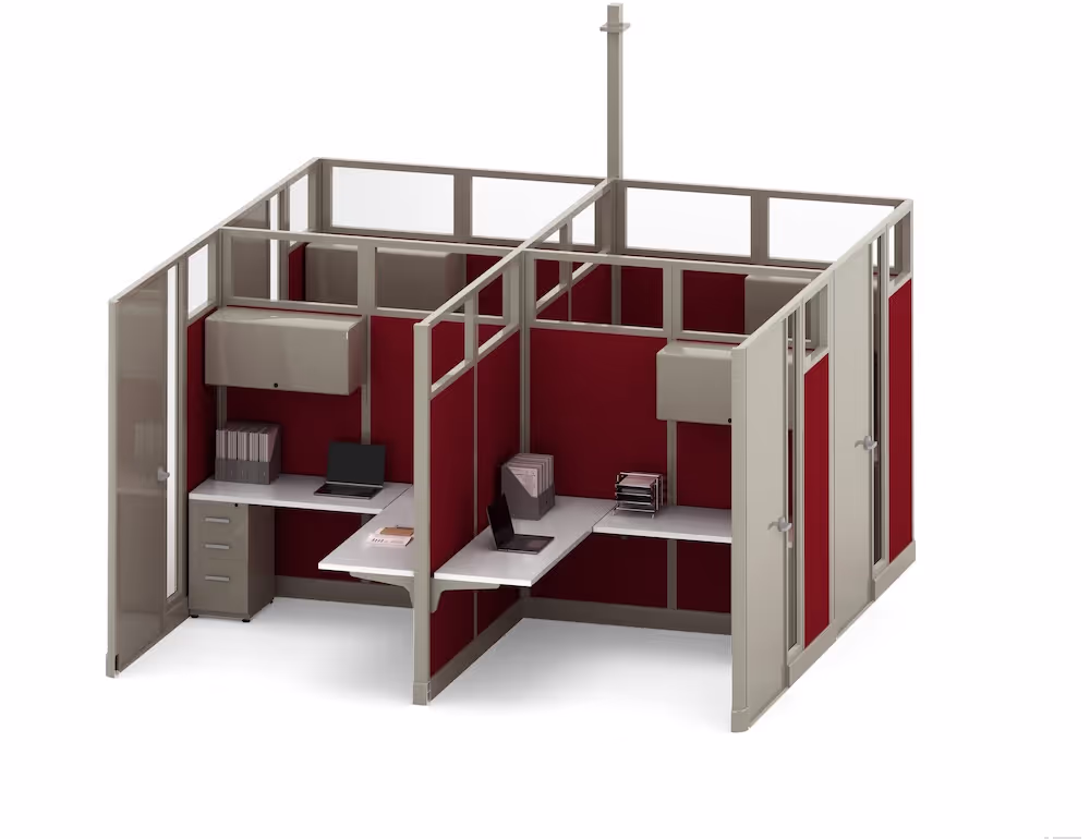Quad office interior with red and beige walls