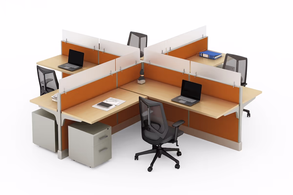 Quad work station shown from a top angle with black rolling office chairs