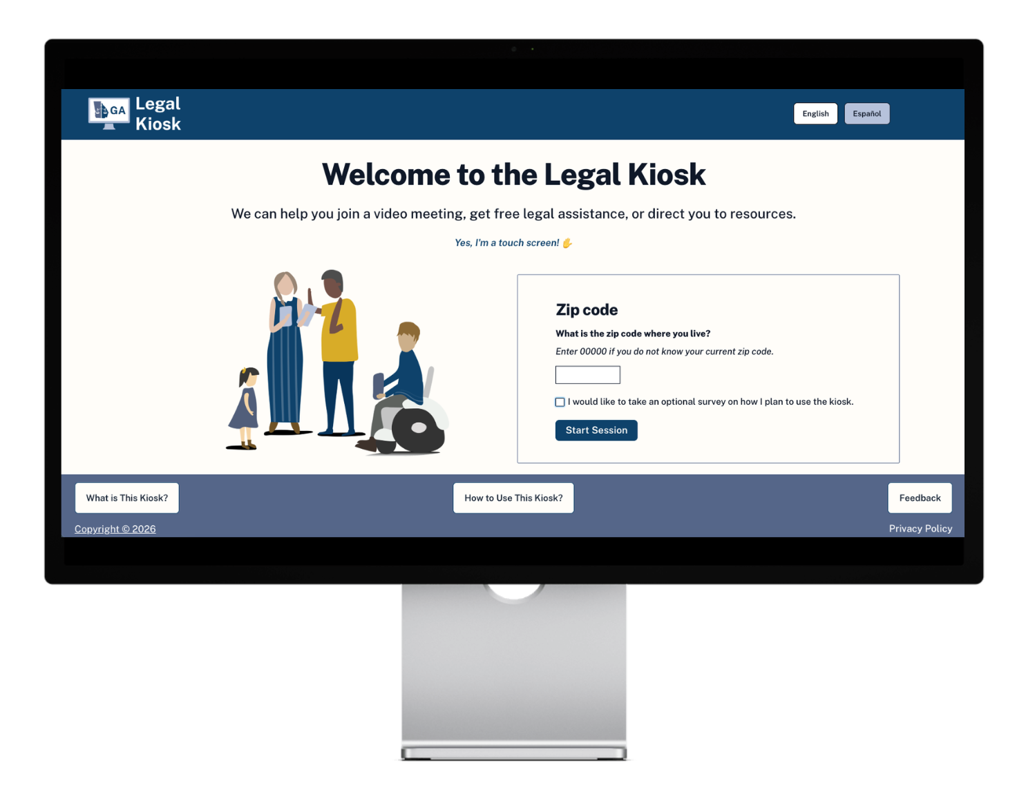Preview of Legal Kiosk Mockup with landing page