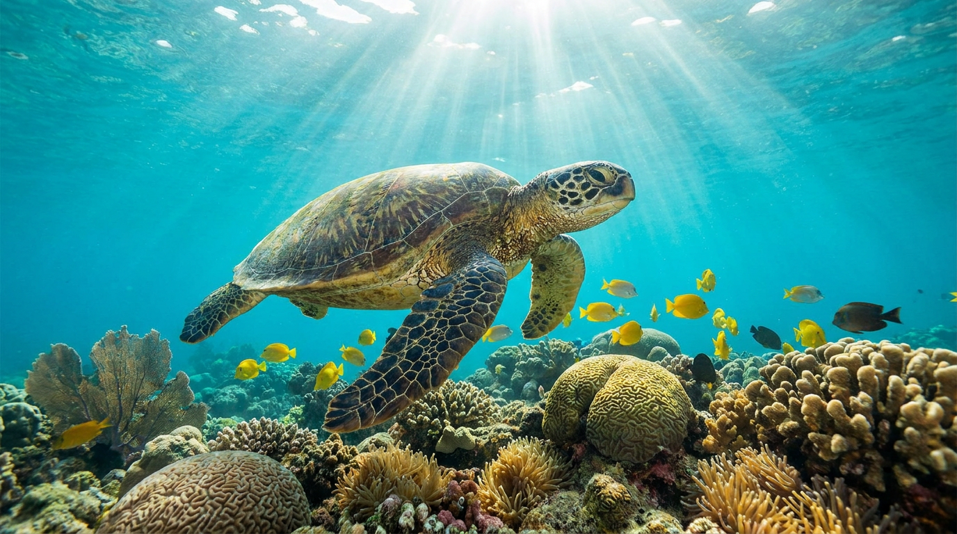 Green sea turtle gliding over a shallow reef in clear turquoise water near Kihei