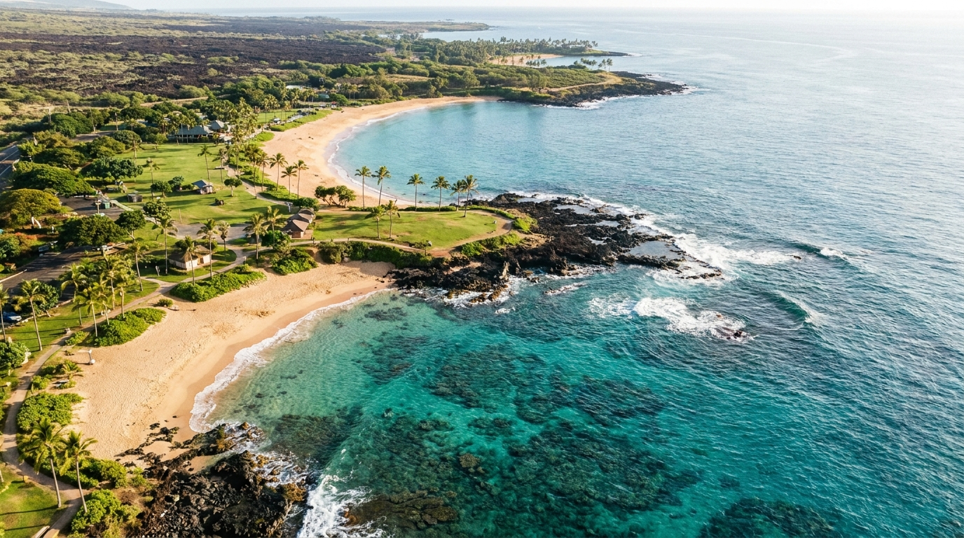 Aerial view of three golden sand beaches separated by lava-rock points along the Kihei coastline