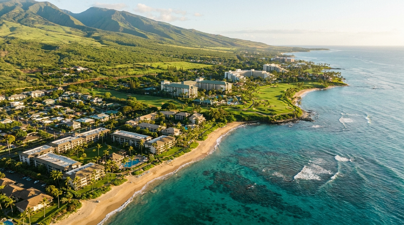 South Maui coastline looking south from the Kihei beach town toward the Wailea resort area