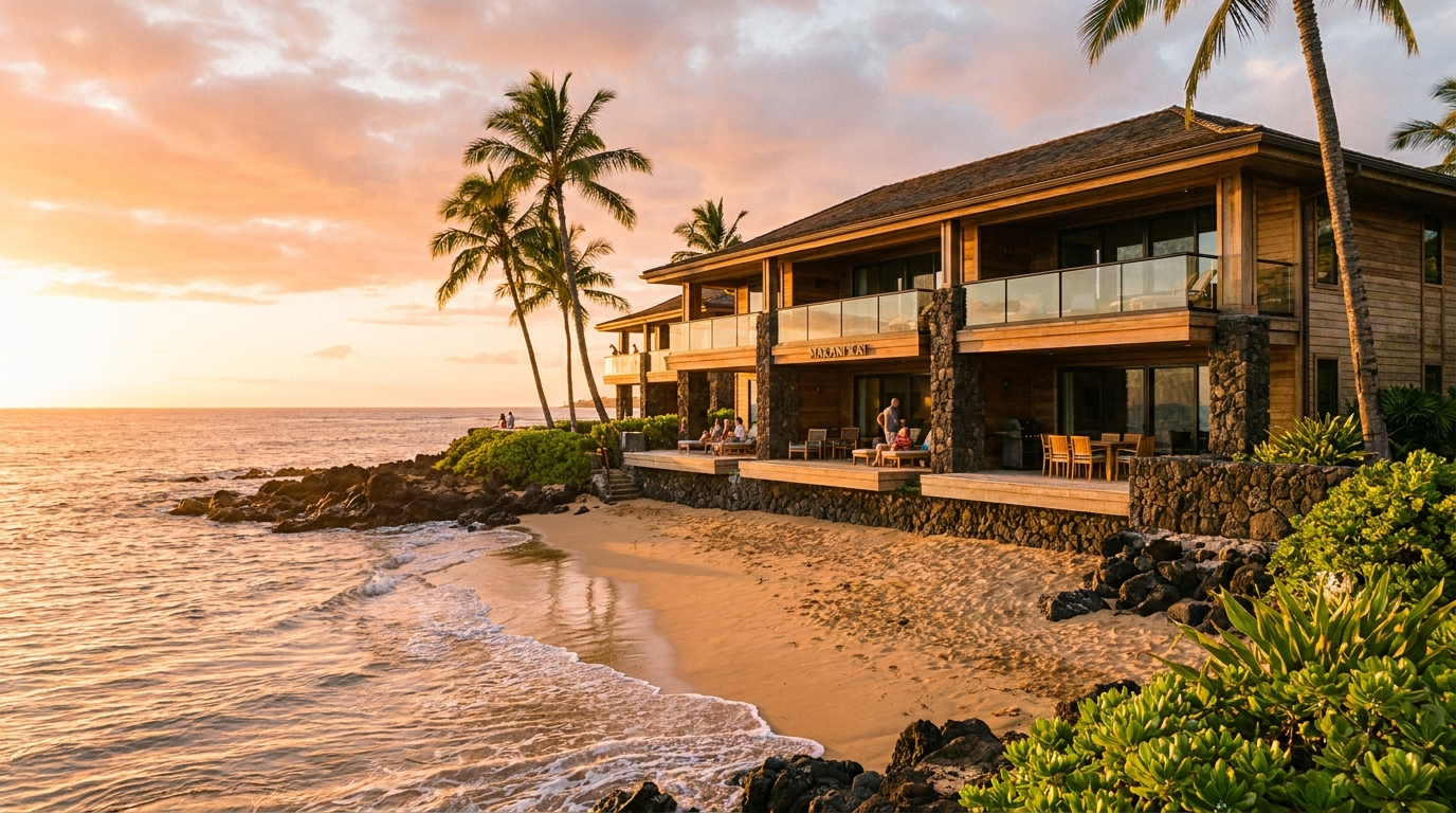 Low-rise oceanfront condominium building directly on the sand at golden hour in Kihei