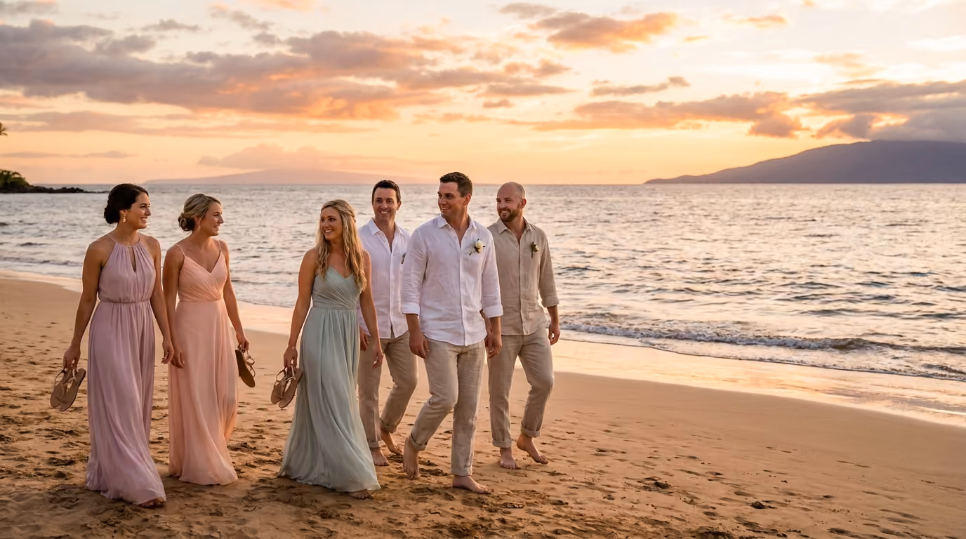 Wedding guests walking along a golden sand Kihei beach at sunset