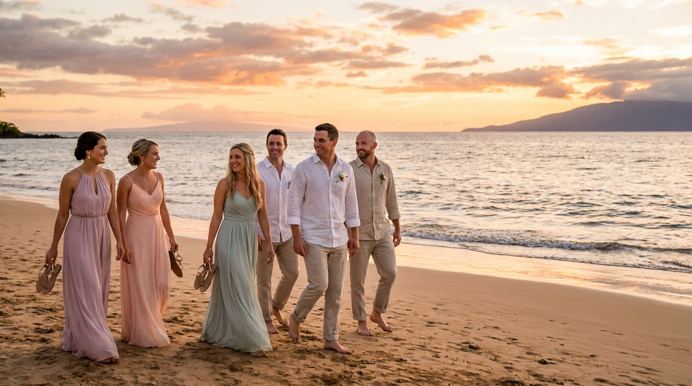 Wedding guests walking along a golden sand Kihei beach at sunset