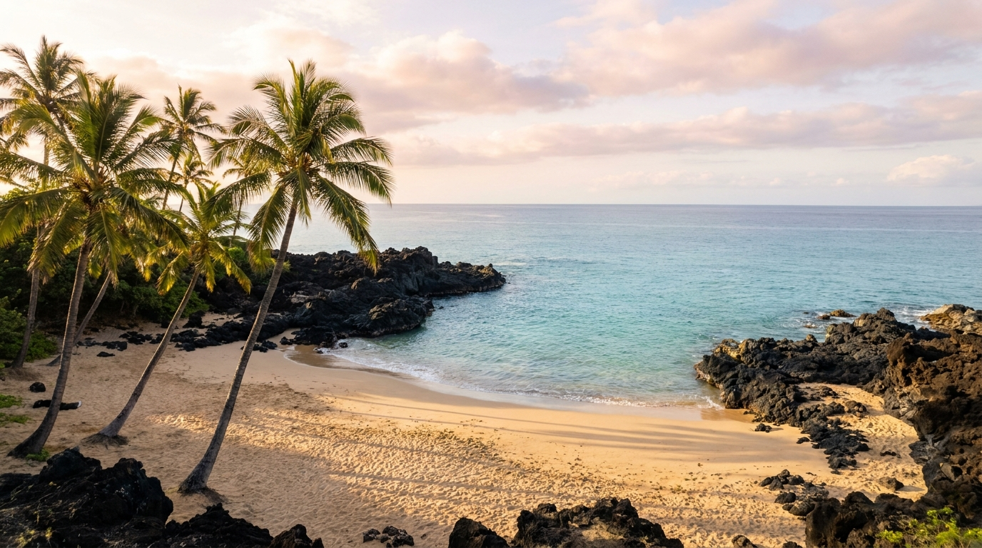 Secluded pocket beach framed by lava rocks and palm trees in Kihei