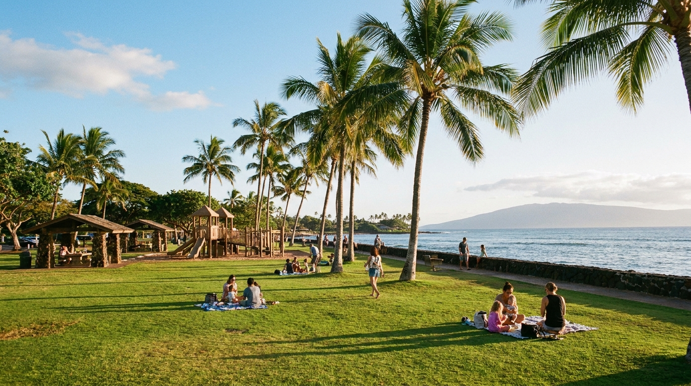 Oceanfront lawn, palm trees, and pavilions at a Kihei county park