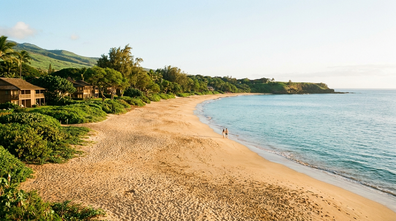 Long quiet stretch of golden sand at Keawakapu Beach in the morning