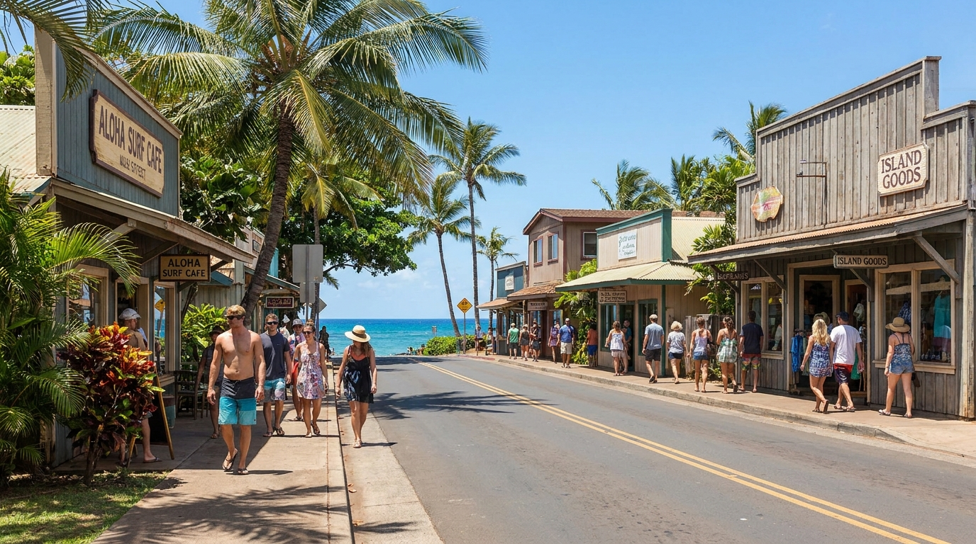 Palm-lined South Kihei Road with shops and ocean glimpses