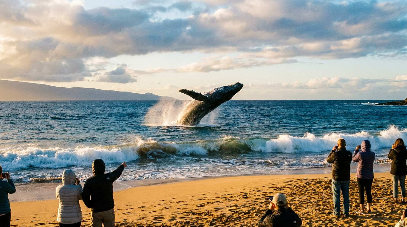 Humpback whale breaching offshore seen from a Kihei beach in winter