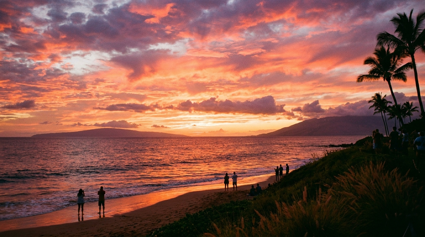 Orange and pink sunset over the ocean with silhouettes on a Kihei beach
