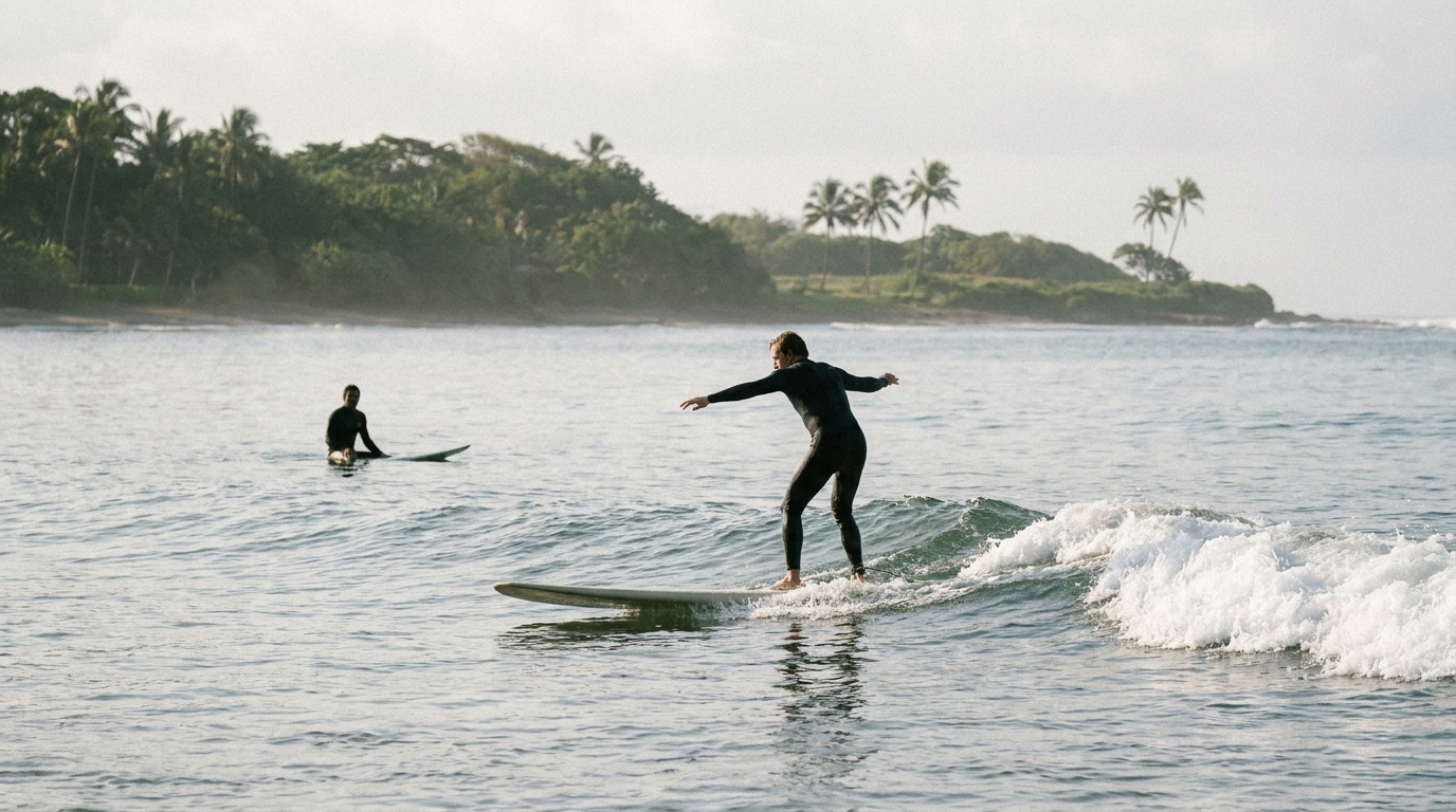 Beginner surfer riding a small wave at the Cove in Kihei on a longboard