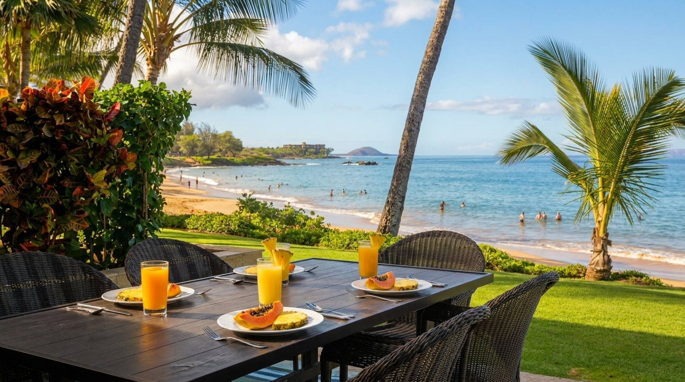 Breakfast table on The Hale Pau Hana oceanfront lawn overlooking Kamaole Beach Park II