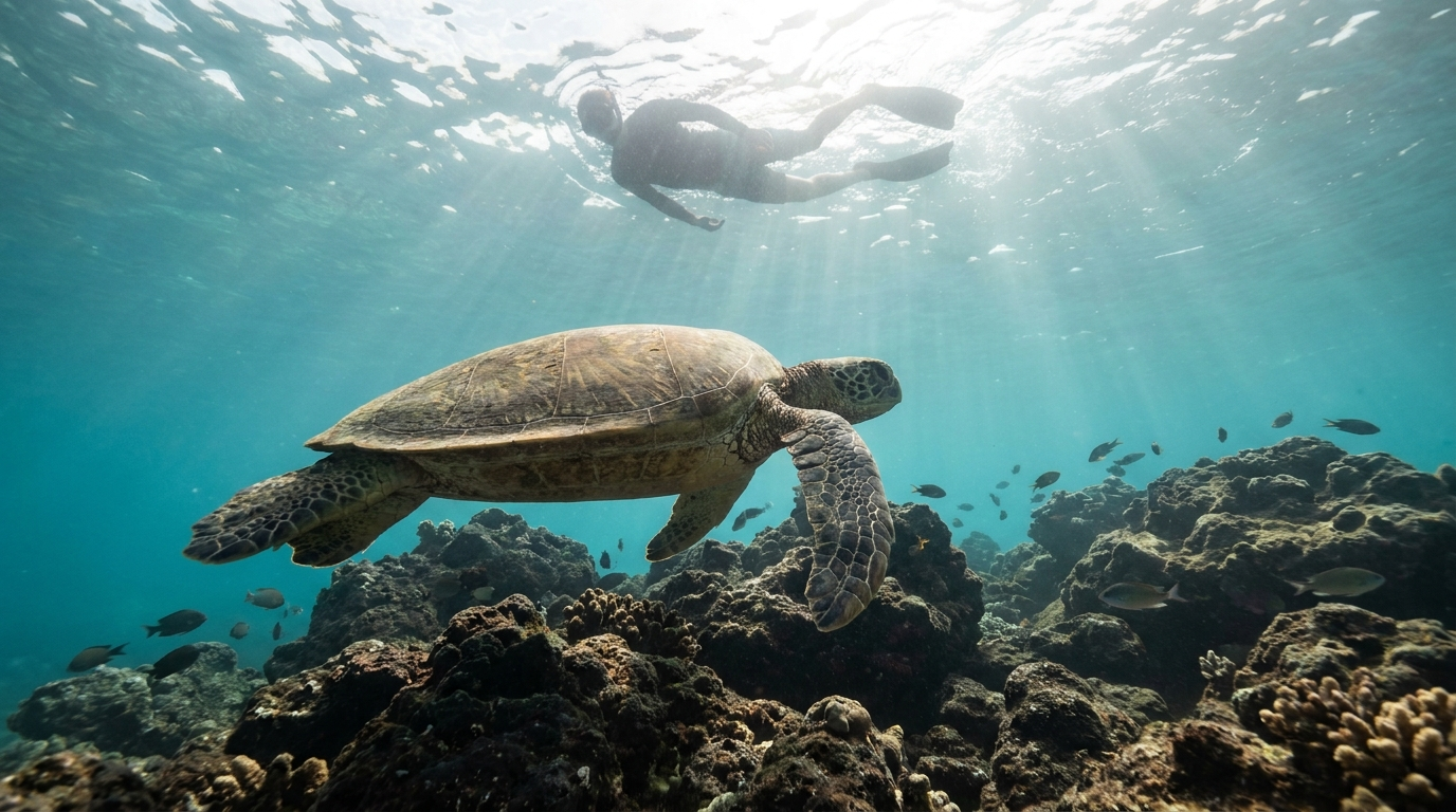 Green sea turtle gliding over the lava-and-coral reef at Turtle Town off the Makena coast south of Kihei, Maui, with a snorkeler at the surface