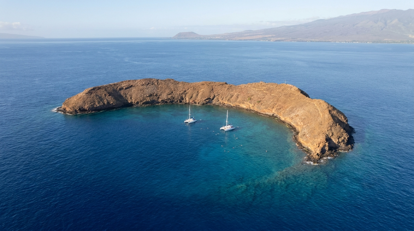 Aerial view of the crescent Molokini islet off South Maui with two snorkel catamarans moored inside the crescent in morning light