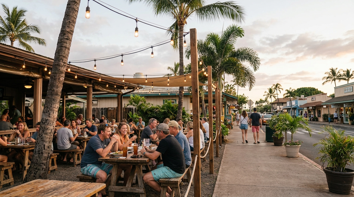Open-air restaurant patio with string lights and palms at golden hour along the South Kihei Road sidewalk near The Hale Pau Hana