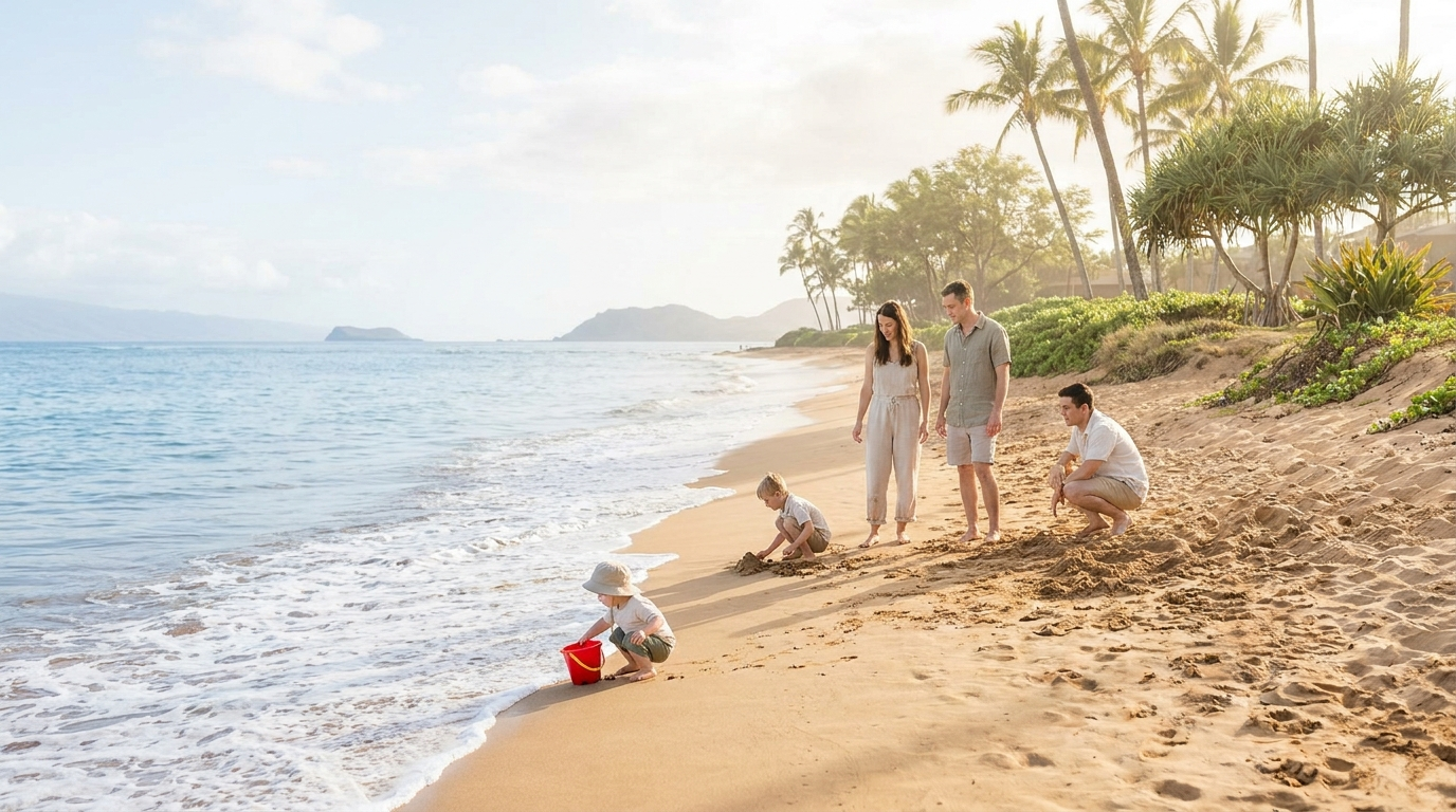 A family with young children playing on the calm morning sand at Kamaole Beach Park II in Kihei, Maui, in front of The Hale Pau Hana