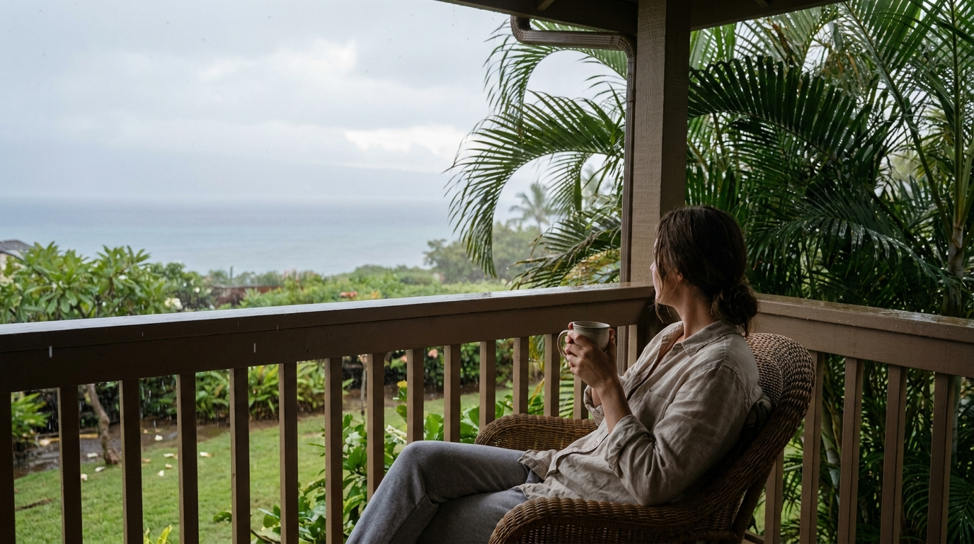 A guest on a covered oceanfront lanai at The Hale Pau Hana watching a brief passing shower over Kamaole Beach Park II in Kihei, Maui