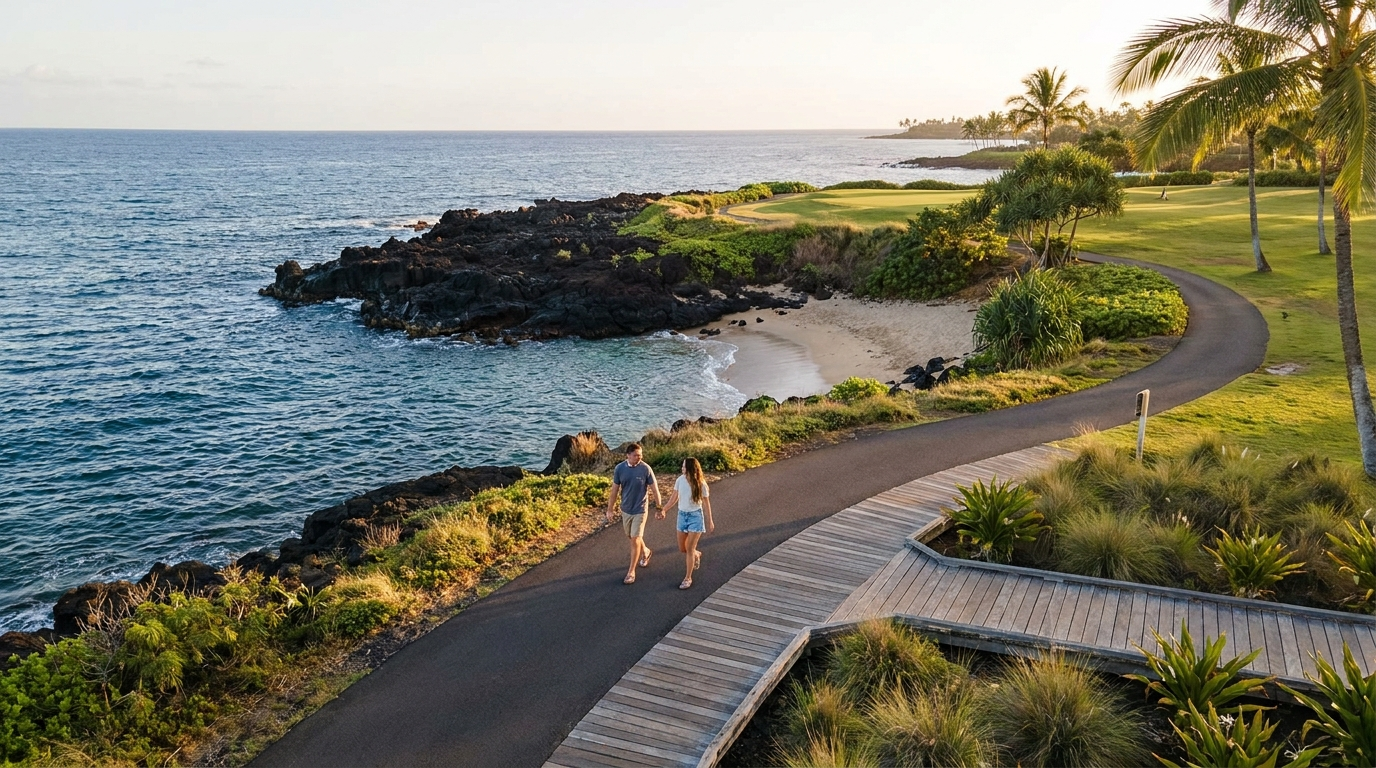The paved Wailea Beach Path winding along the oceanfront past a rocky point at golden hour, just south of Kihei, Maui