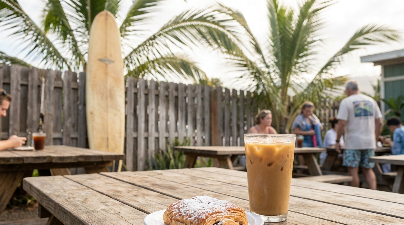 Iced coffee and a pastry on an outdoor cafe table in Kihei, Maui, with surfboards and palms soft in the background under morning light
