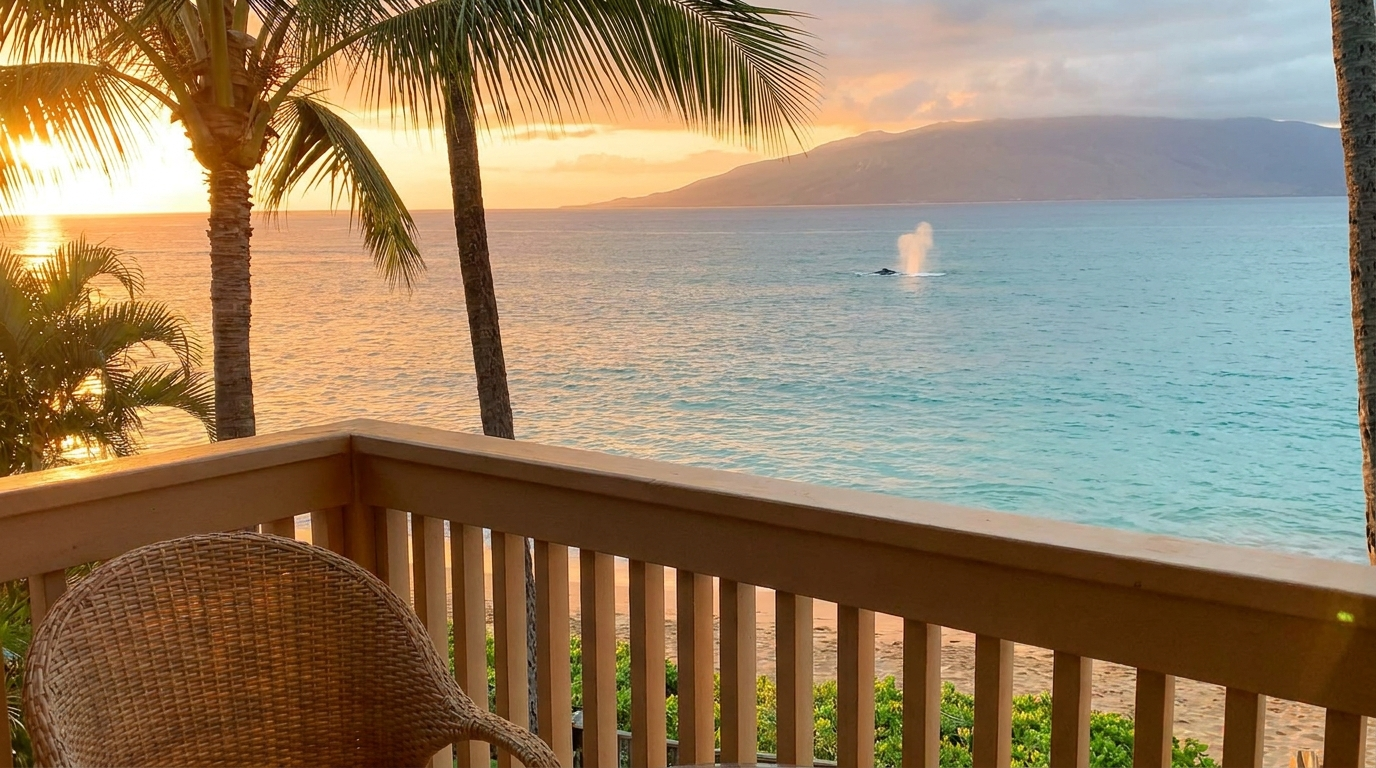 Sunset over Kamaole Beach Park II in Kihei, Maui, seen from an oceanfront lanai at The Hale Pau Hana