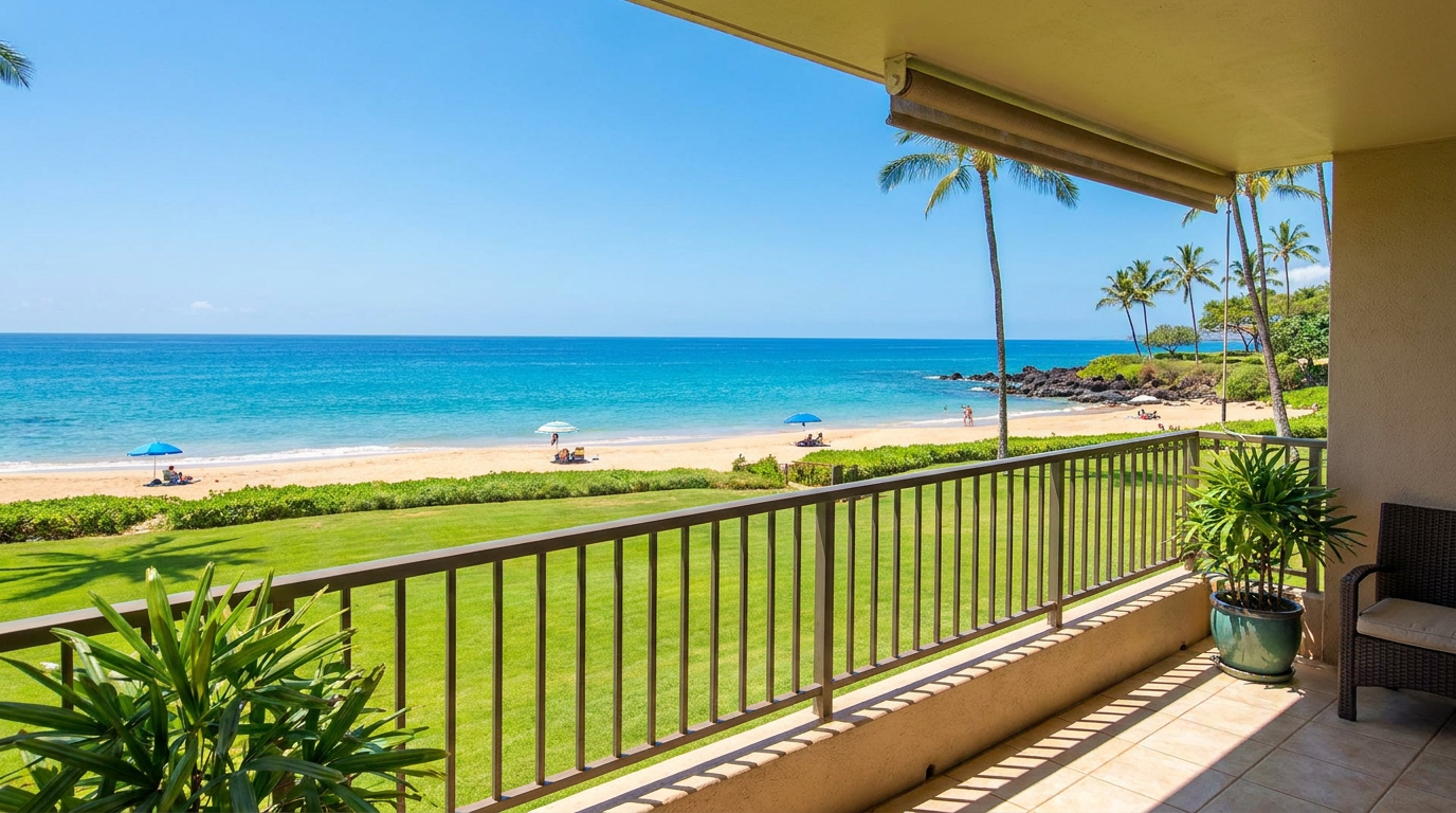 View from an oceanfront lanai at The Hale Pau Hana across the lawn to the sand of Kamaole Beach Park II in Kihei, Maui