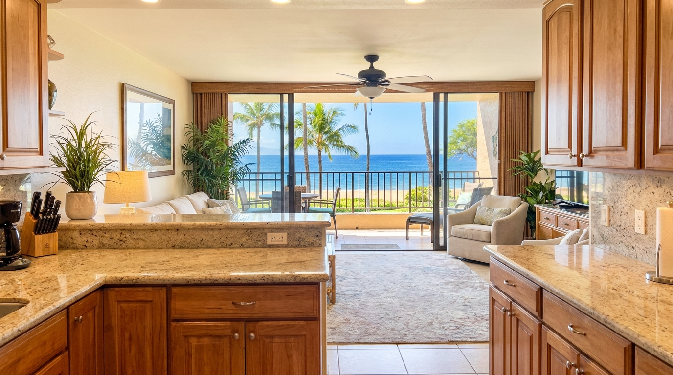 Full kitchen and ocean-facing lanai inside an oceanfront condominium unit at The Hale Pau Hana in Kihei, Maui