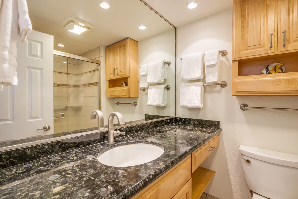 A condominium bathroom with granite counter and walk in shower