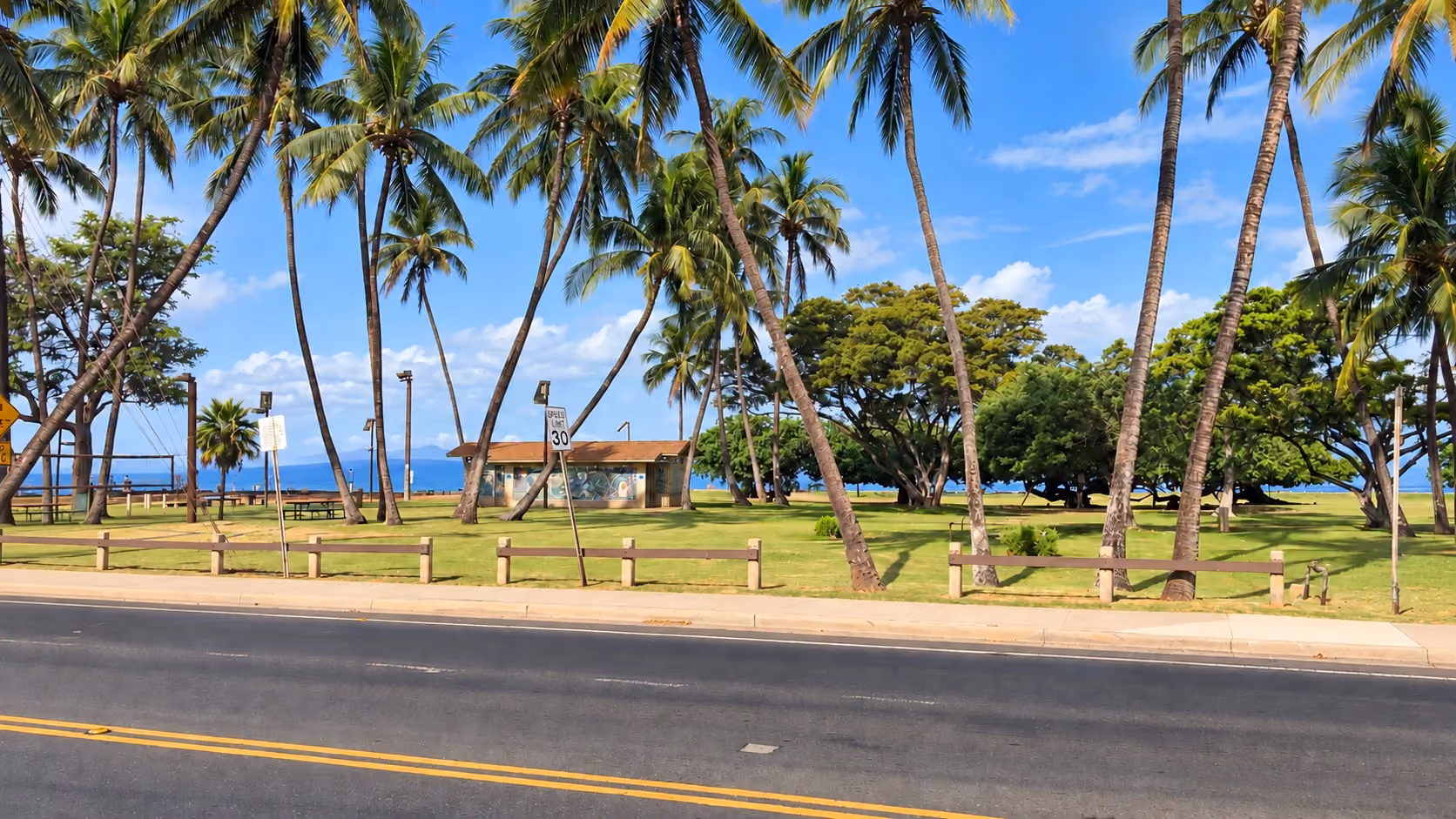 South Kihei Road beside Kalama Park, with palms and ocean beyond.