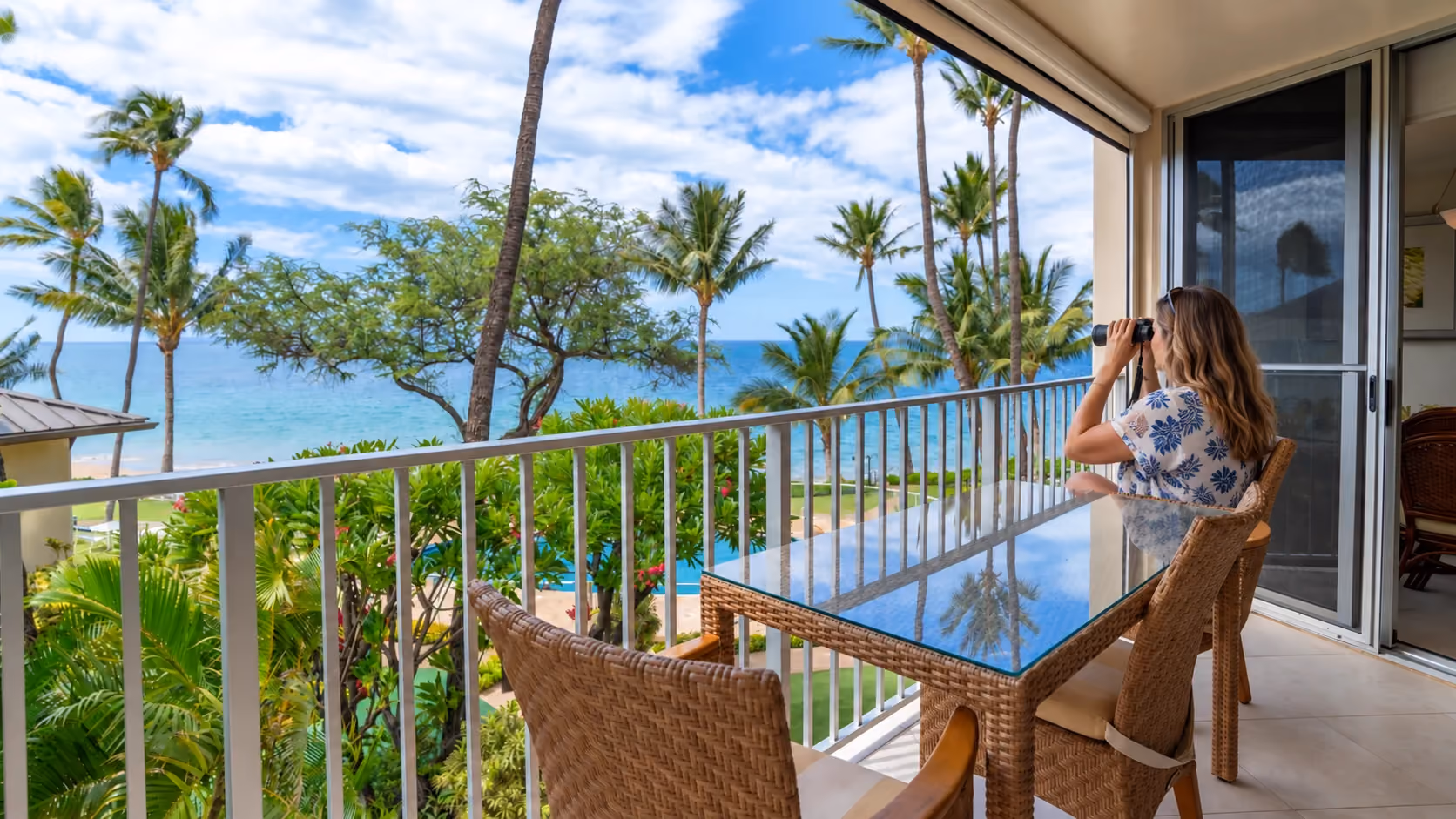 A guest using binoculars to scan the ocean from Unit 307’s lanai.