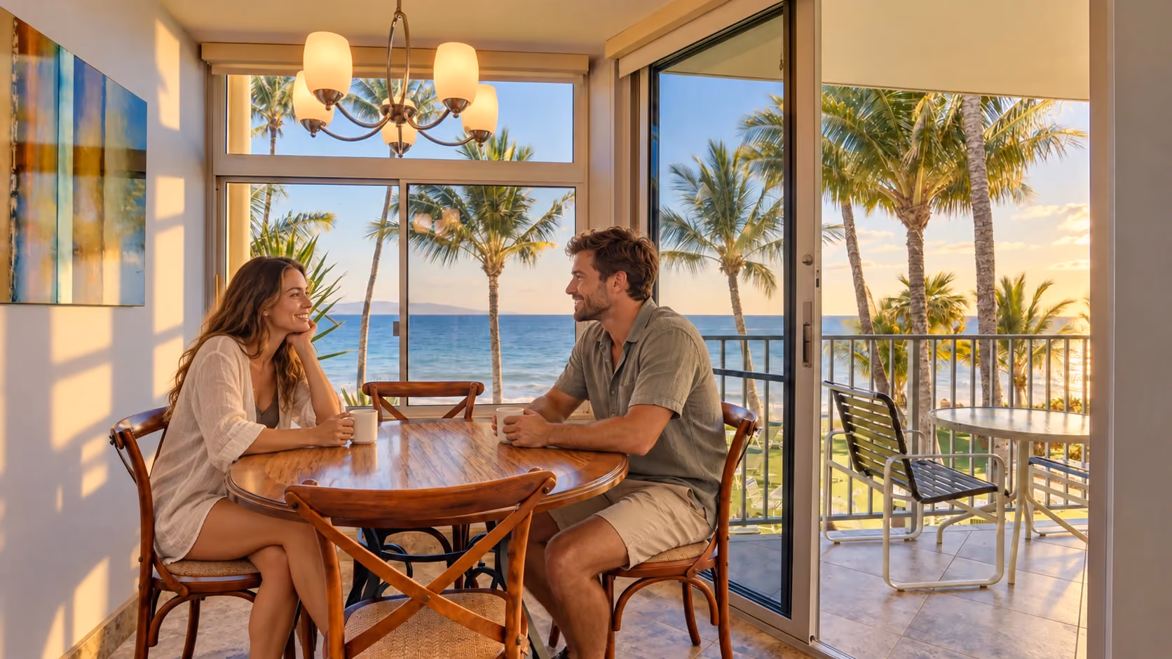 A couple sharing coffee in Unit 202’s ocean-view dining nook.