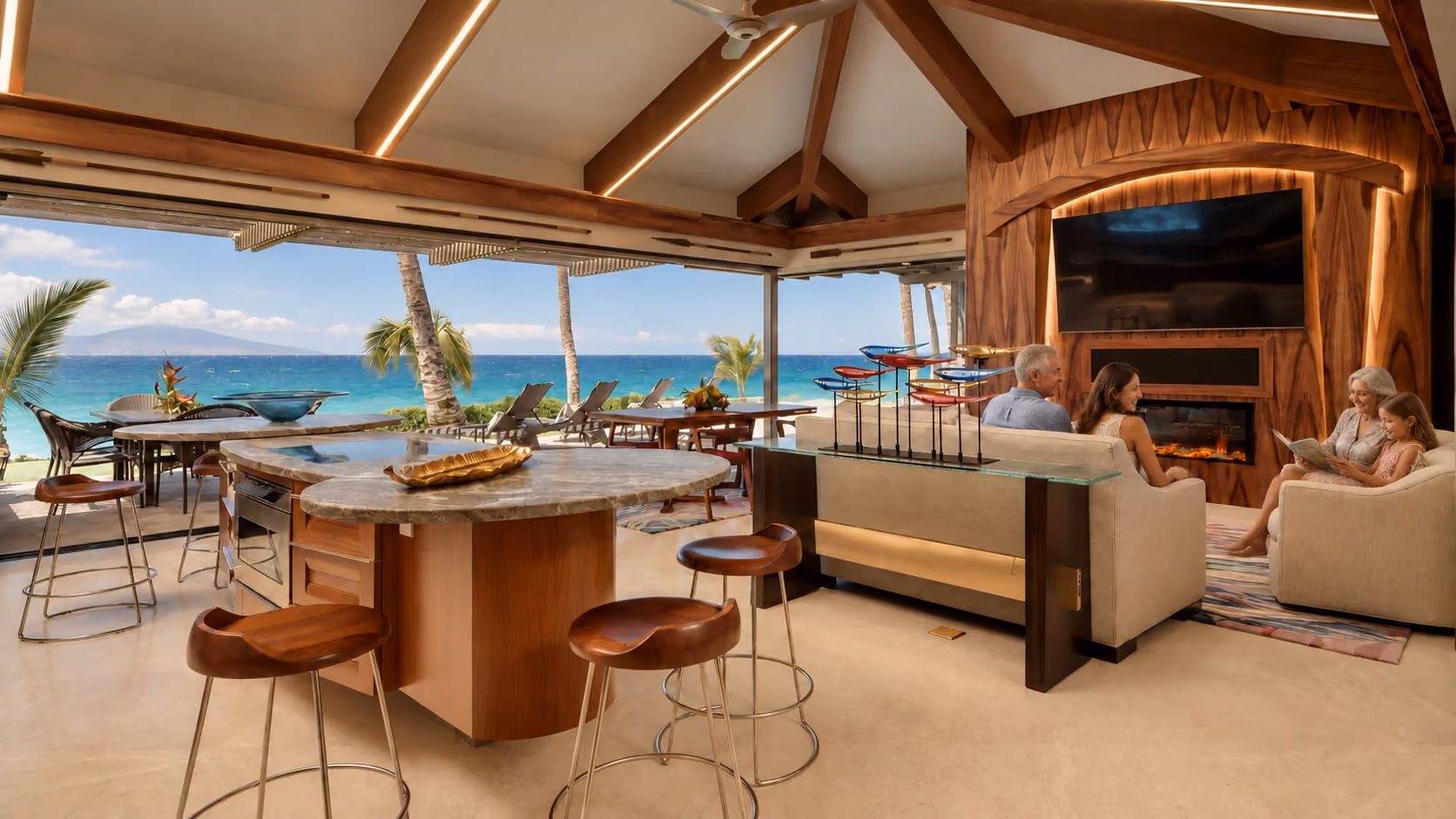 Three generations spending time together in an Anchor Cove living area at Hale Pau Hana.