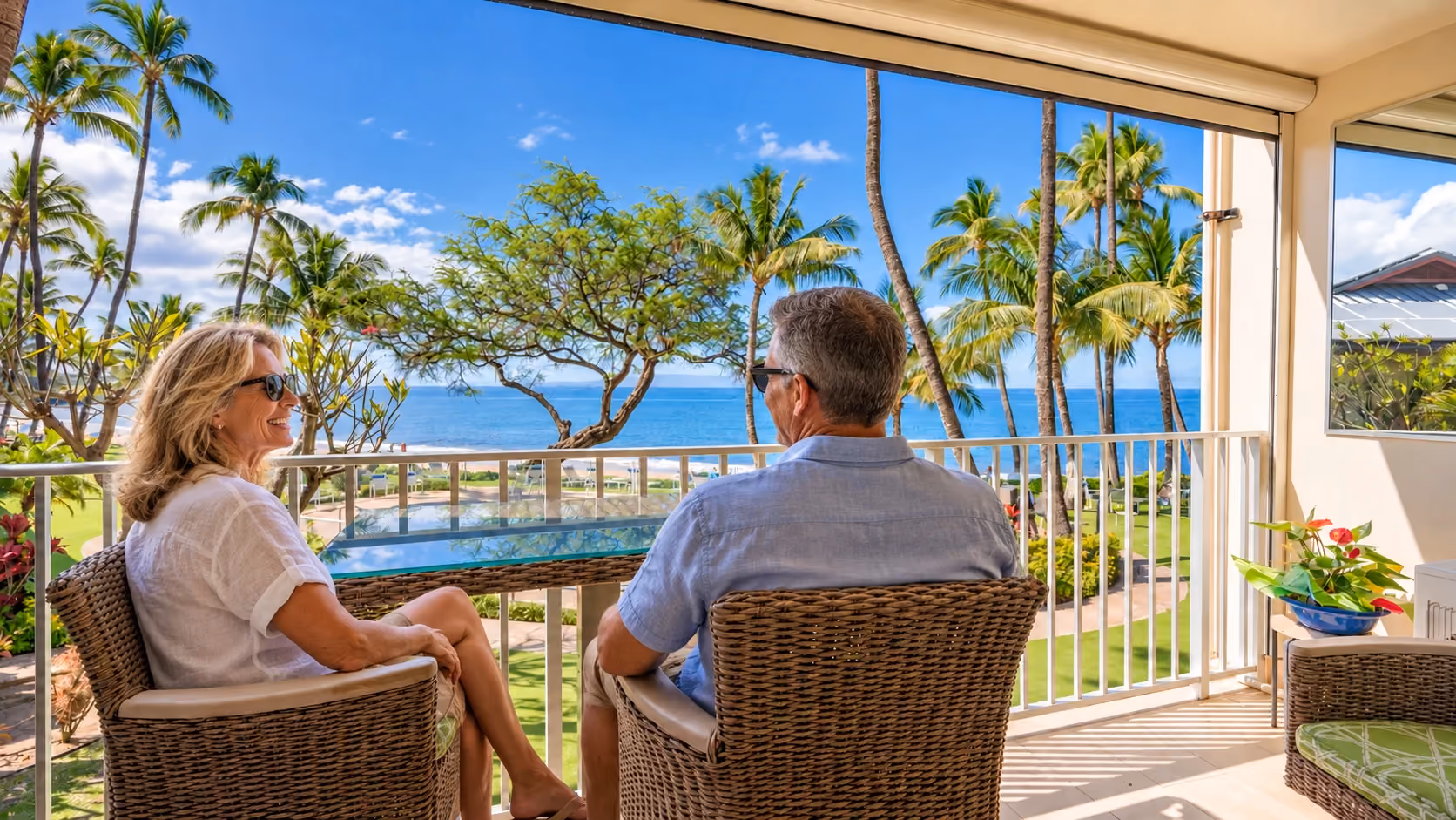 A couple enjoying the ocean view from Unit 206’s lanai.