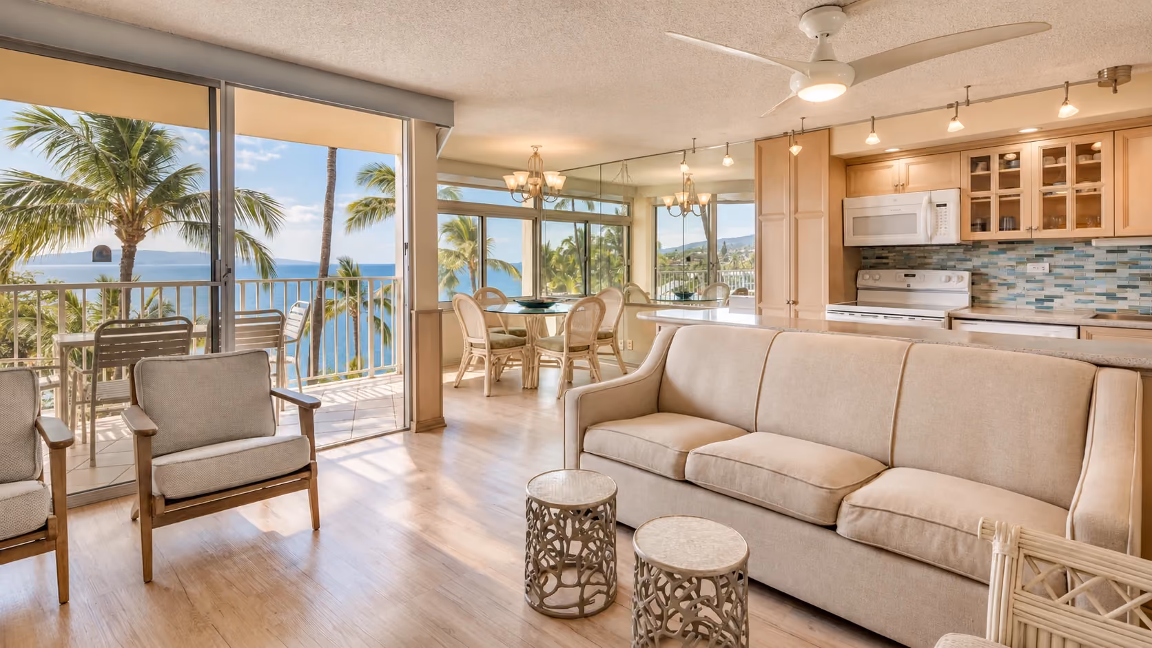 Unit 605 living room and kitchen at Hale Pau Hana.
