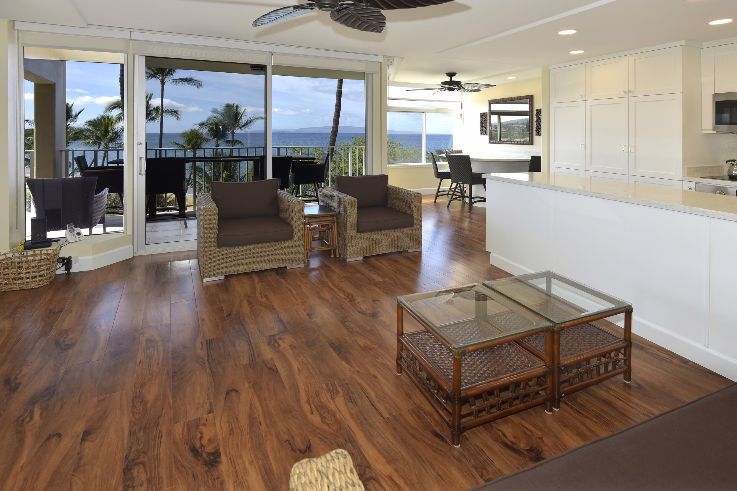 Two bedroom oceanfront condo living area at The Hale Pau Hana