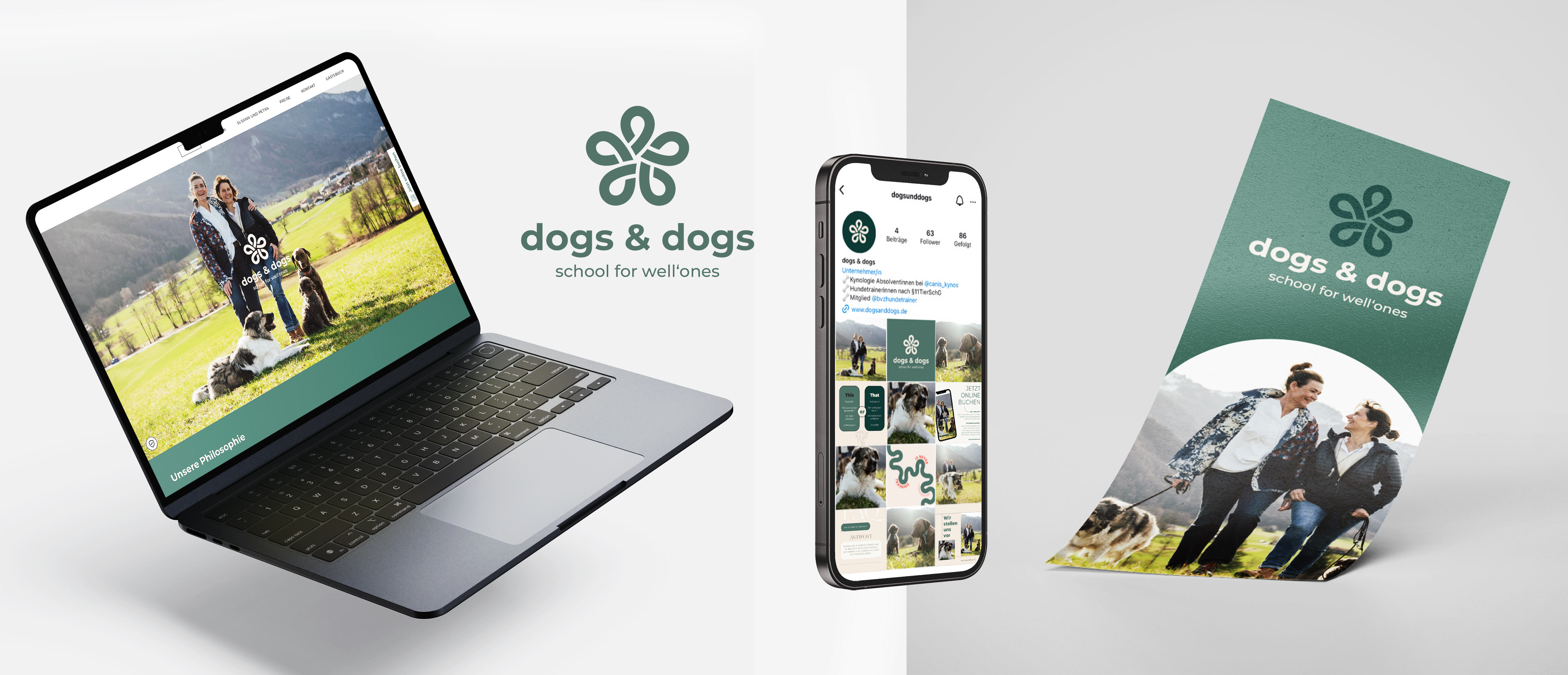Digitale Darstellung der Hundeschule dogs&dogs auf Bildschirm, Handy und Flyer