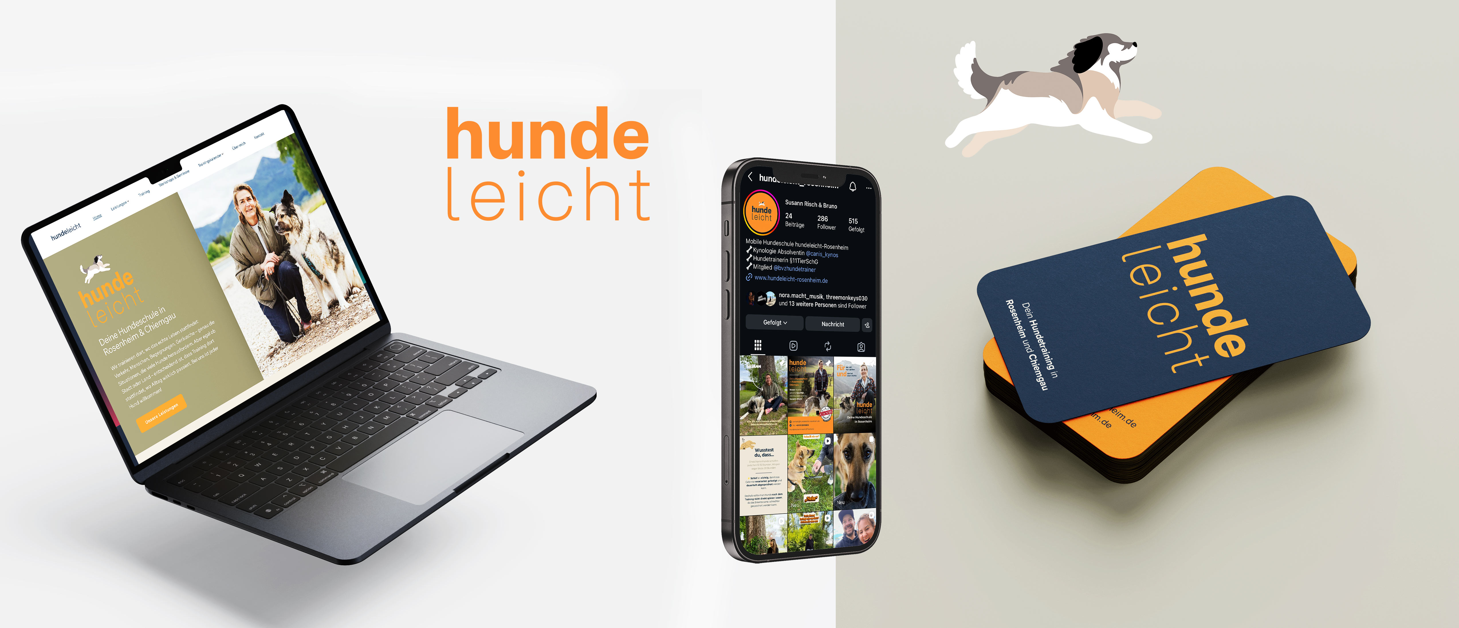 Digitale Darstellung der Hundeschule hundeleicht auf Bildschirm, Handy und Flyer