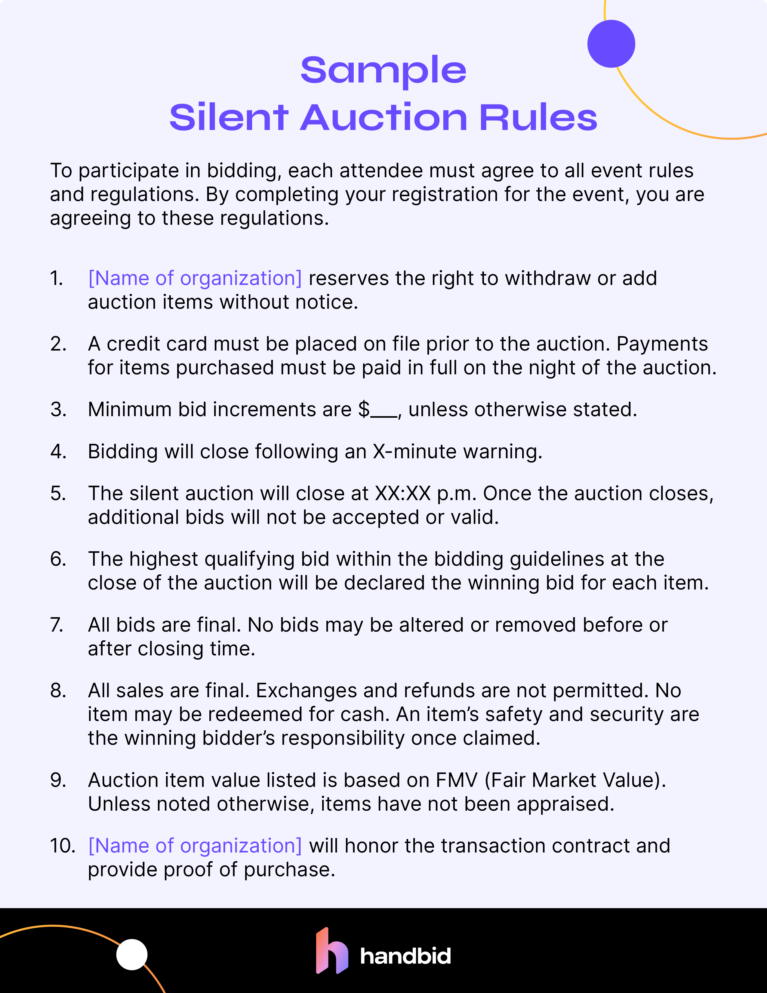 Silent auction rules template that lists 10 sample auction guidelines