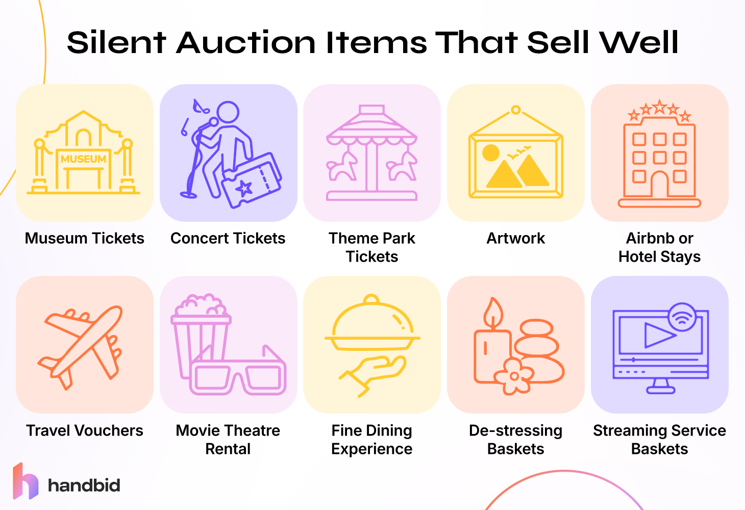 Graphic of top silent auction items that sell well, also listed in the text below