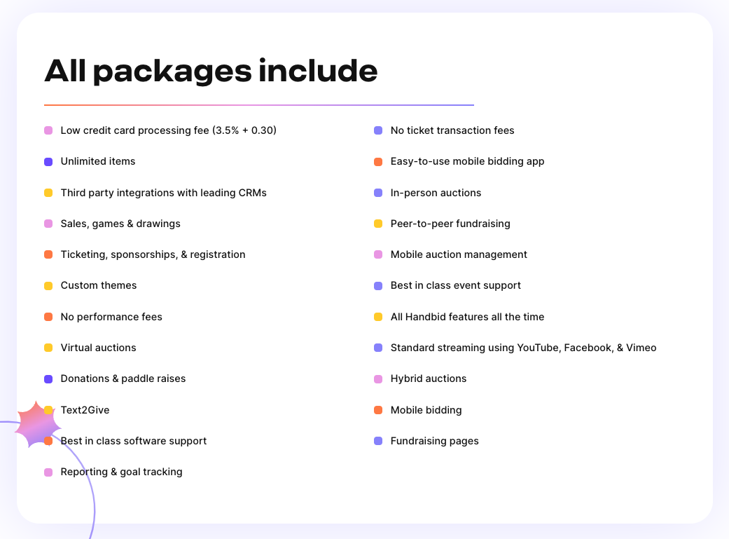 Screenshot of Handbid's mobile bidding software package showing all included features