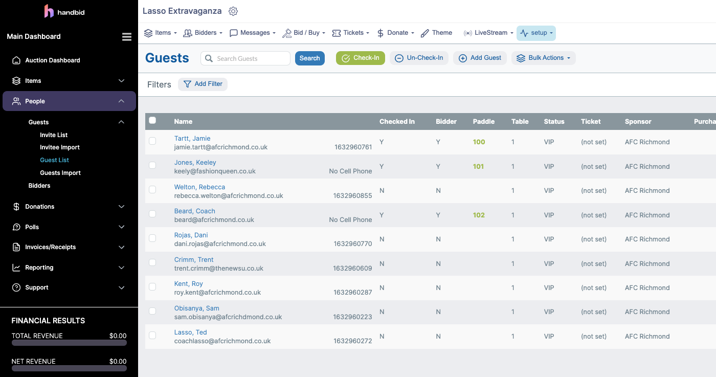 Lasso Extravaganza Dashboard within Handbid