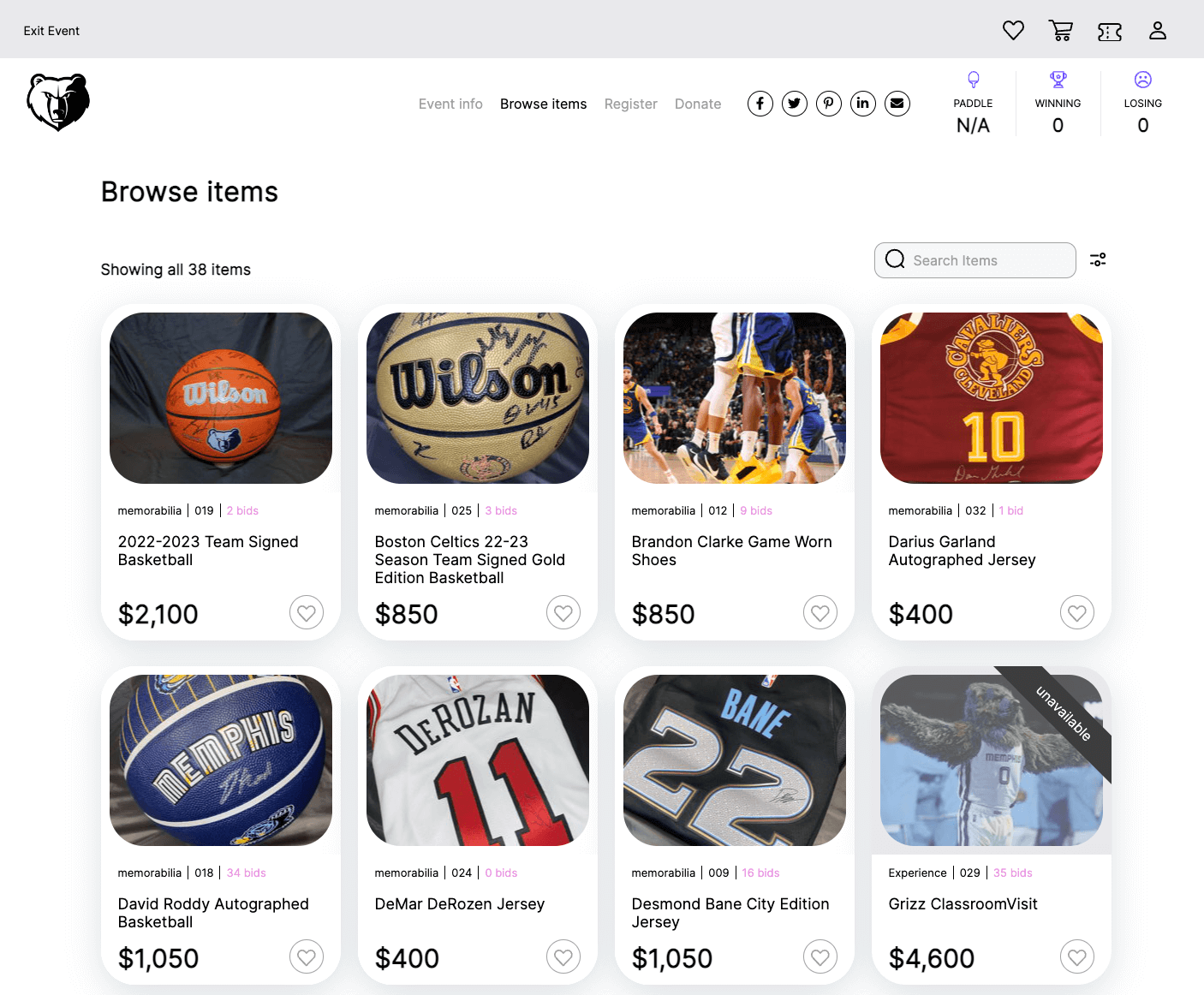 Example online auction site created with Handbid, showing a catalog of sports memorabilia up for bid