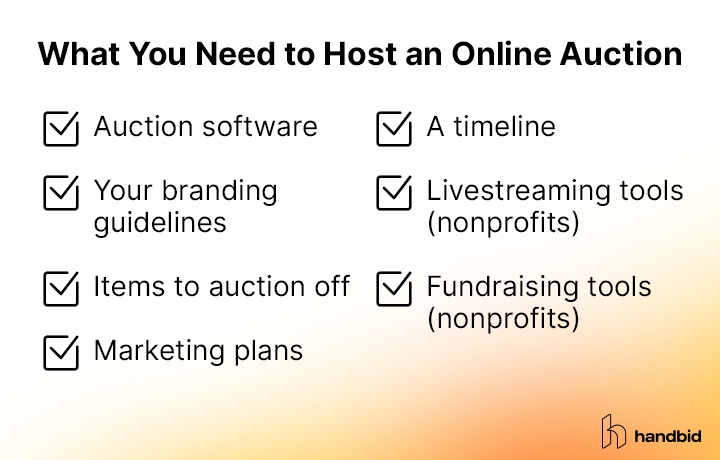 Checklist of what you need to set up an online auction, listed in the text below