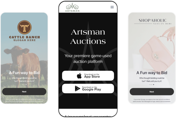 Example branded online auction websites and apps on mobile screens