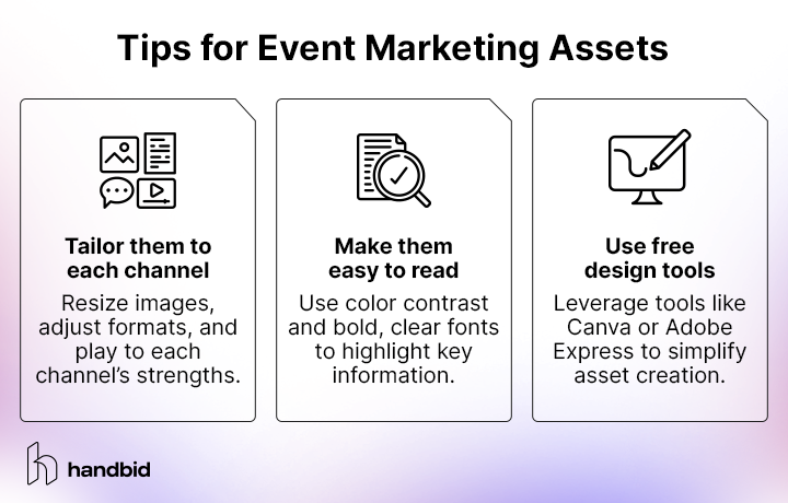 Tips for creating marketing assets to promote your nonprofit event, listed in the text below
