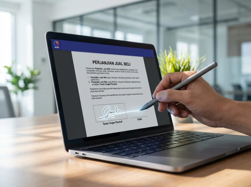 Hand signing a digital Sale and Purchase Agreement (e-SPA) on a laptop screen in a modern developer office, illustrating Malaysia’s shift to HIMS digital compliance for 2026.